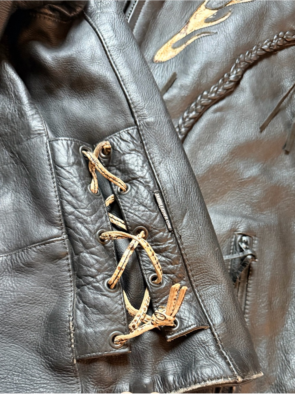 Men's Black Leather Fringe Jacket with Snake Flame Accents - Picture 6 of 13